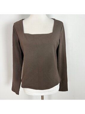 NEW Express Brown Square Neck Long Sleeve T-shirt Stretch Knit Size Large Women'